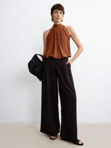 Aalyst Women's New Summer Woven Solid Tie-Neck Pleat Trim Sleeveless Shirt Blouse