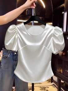 Franclia Women Solid Color Casual Satin Balloon Sleeve T-Shirt