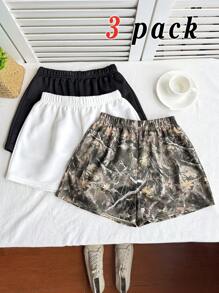 Conjunto de 3 piezas de shorts casuales de punto sólido, estampado de rama desnuda y camuflaje para niña preadolescente, de vuelta a la escuela, a juego con mamá - Multicolor - Ver 3