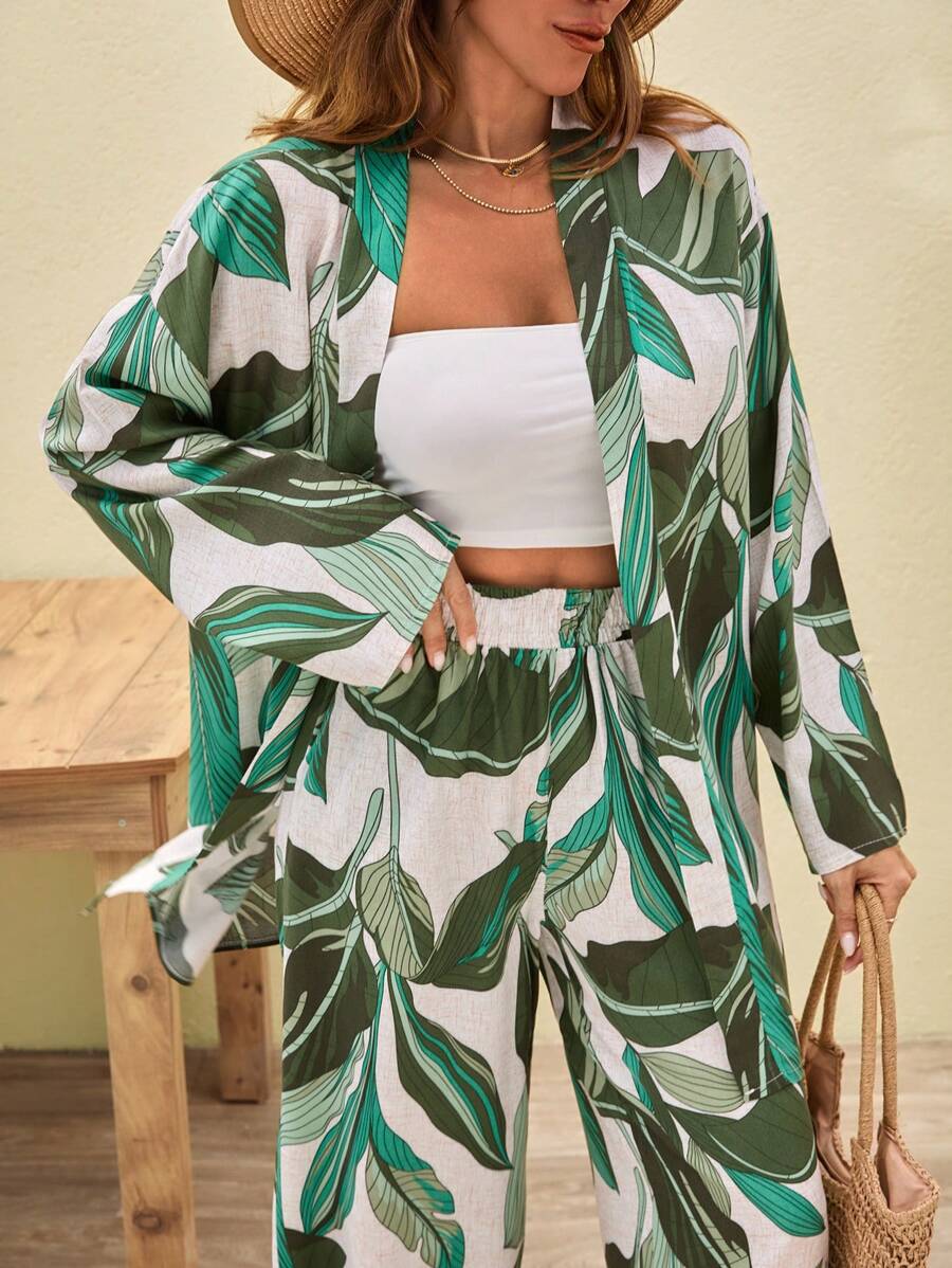 EURMUSE Tropical Print Vsicose Two Pieces, Cotton Breathable Fabric, Large Botanical Leaf Pattern, Monstera/Palm Leaf Design, Lightweight Summer Fabric, Long Sleeve Style, Relaxed Fit Silhouette, Natural Earth Tones, Resort Wear Aesthetic, Contemporary Tropical Print, Perfect Vacation Or Summer Wardrobe Piece