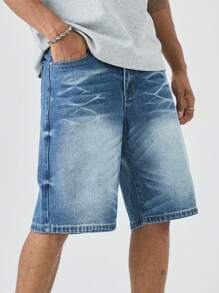 Chillumni Quần short denim đơn giản phai màu cho nam - Rửa trung bình - Xem 5