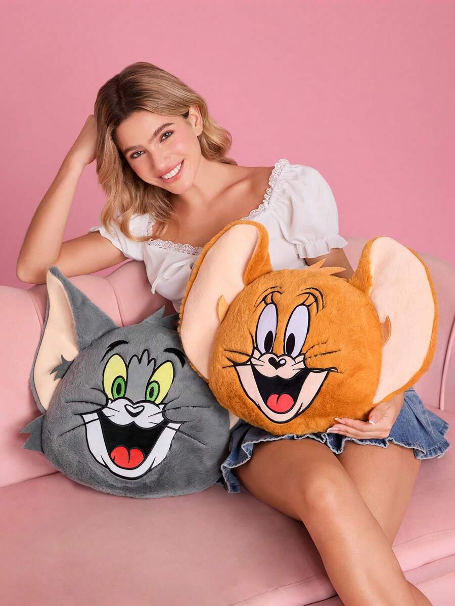 TOM & JERRY X SHEIN Gối ném bằng vải nhung hoạt hình dễ thương, chất liệu mềm mại, thích hợp để trang trí nhà cửa, văn phòng hoặc ô tô - Nhiều màu - Xem 1