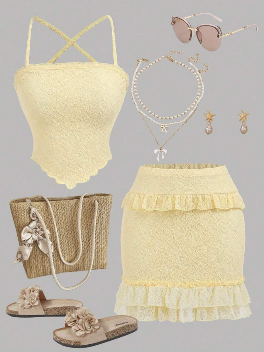 SHEIN Girlism Teen Girls Flounce Lace Cropped Cami And Skirt 2 Piece Set,Summer Vacation Holiday Party Graduation Music Festival Collegiate Style Spring Picnic Wear - Yellow - View 1