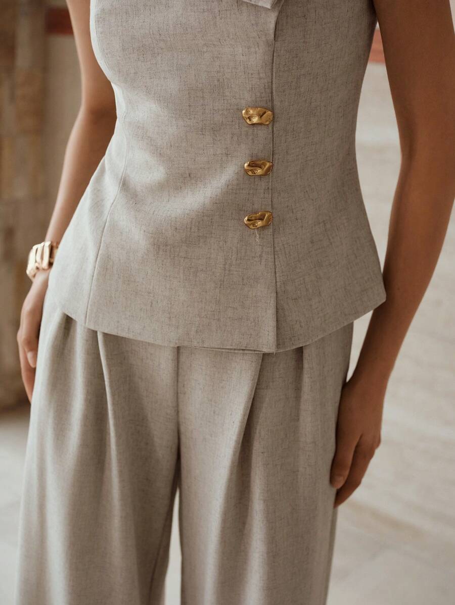 MOTF PREMIUM Ensemble Top tube ajusté et pantalon ample à plis creux - Beige - Voir 2