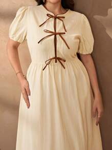 Chikora Plus Size Summer Casual Dress With Bow Decor Balloon Sleeves Summer Beige Dresses For Women Summer Elegant Dress Neutral Dresses - Apricot - View 1