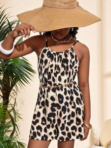 SHEIN Tween Girls Casual Vacation Chic Leopard Print Loose Fitting Jumpsuit - Apricot - View 5