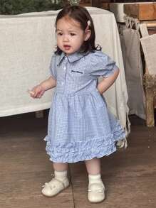 Hapijoa 女童韩版清新领口格子荷叶边下摆中长连衣裙 - 藍色 - 查看 5