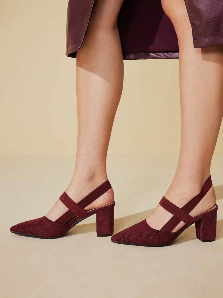 CUCCOO BASICS Women's Burgundy Pointed Toe Chunky Heels With Elastic Back Strap, Fashionable For Work, Date, Party, Shopping, Holiday Spring Shoes Spring Break Easter For Christmas Spring Shoes