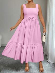 Elenzga Vestido de vacaciones con dobladillo de volantes para talla grande, versátil - Rosa - Ver 6