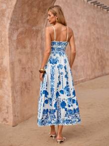 SHEIN Clasi Blue Rose Print Waist Cinched Waist Dress, Elegant Floral Sun Umbrella Dress For Vacation Y2k Clothes Women Y2K Back To School Clothes Country Outfits Women Old Money Style Women Going Out Airport Outfit For Women Dress For Women Beach Outfits For Woman Beach Dress Beach Vacation Outfits Beach Essentials Party Dress Pride Starfish Sequin Dress Vacation Outfits Airport Summer Honeymoon Woman Dress For Women Boho - Multicolor - View 2