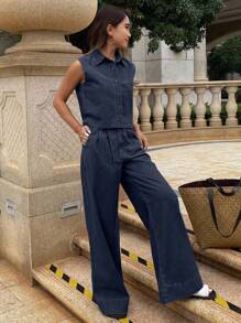 DAZY Western Style Women Denim Outfit, Washed Sleeveless Shirt And Wide Leg Pants Set - Dark Wash - View 5