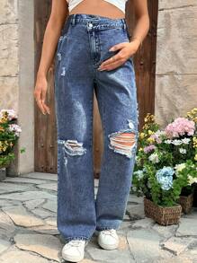 SHEIN Maternity Blue Denim Asymmetrical Waist Ripped Loose Straight Leg Pants - Dark Wash - View 1