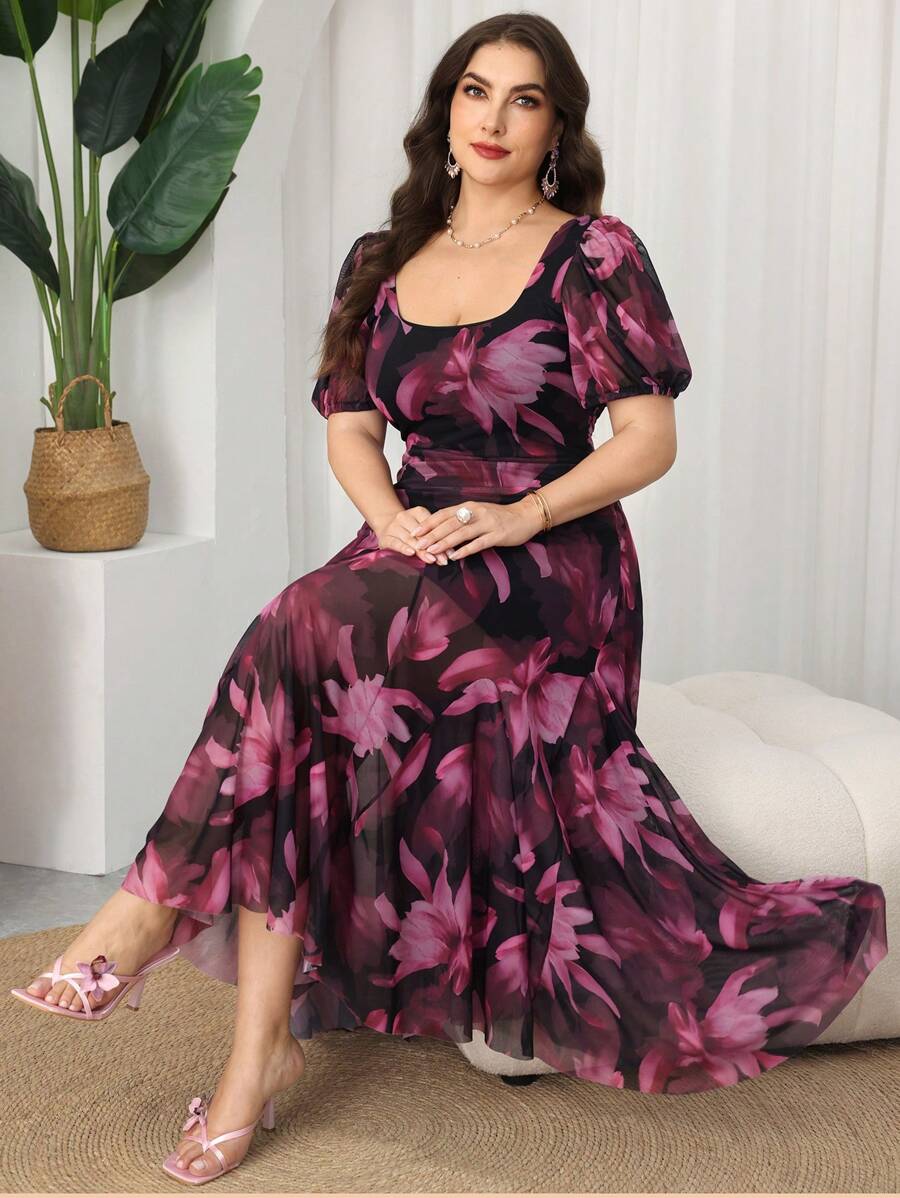 Modelyn Plus Size Spring/Summer Maxi Romantic Floral Print Fitted Elegant Contrast Mesh Insert Mermaid Hem Vacation Dress - Black - View 1