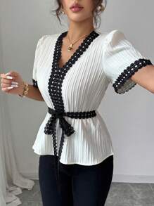 SHEIN Raffinéa Áo cánh ren vải họa tiết màu tương phản dành cho nữ tay ngắn - Màu be - Xem 4