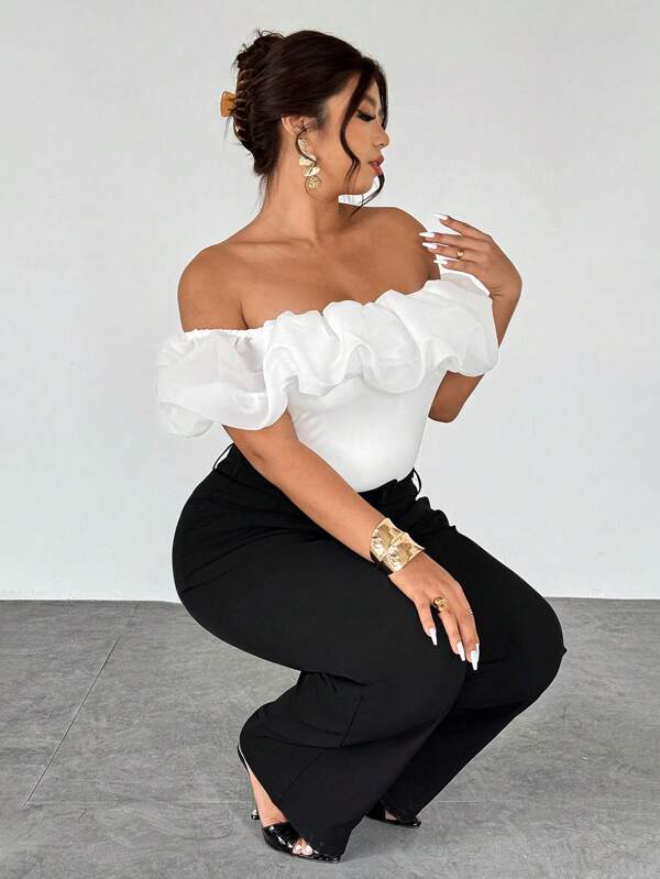 Firerie Plus Size Women's Elegant Chic Romantic Charm Commuter Fashionable Wedding, Party, Vacation Sheer Off Shoulder Fitted Short Sleeve White Blouse/Valentine's Day/Concert/Performance/Date/Formal Dinner/Gala/Wedding Season/Sexy/Graceful/Commuter/Back To School/Vacation/Beach/Graceful Romantic/Office Lady/Mermaid Style/Birthday Party Top White Off Shoulder Top White Ruffle Top Off The Shoulder Top Puff Sleeve Top Off Shoulder Blouse