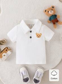 SHEIN 男婴熊印花短袖休闲 Polo 衫 - 白色 - 查看 1