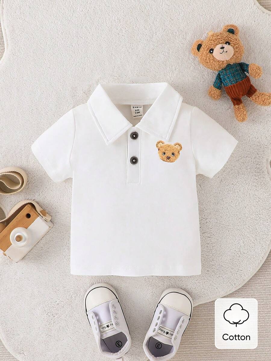 SHEIN 男婴熊印花短袖休闲 Polo 衫 - 白色 - 查看 1
