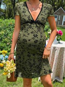 Pregnant Women Casual Vacation Deep V-Neck Short Printed Dress - Green - View 8