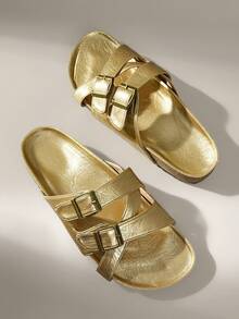 Solecia 女士金色时尚休闲扣式平底凉鞋，适合日常穿着、圣诞节、万圣节、音乐节、秋季 - 金色 - 查看 6