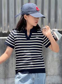 Dazy Kids 青少年女孩蝴蝶结条纹圆领宽松短袖毛衣，女孩夏季服装，返校服装