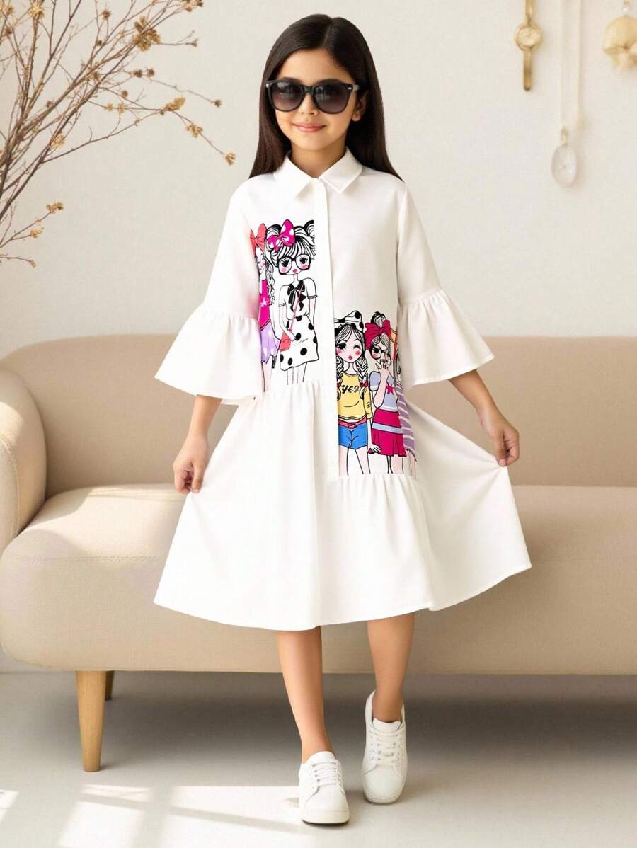 SHEIN 少女街頭風漫畫印花寬鬆短袖襯衫裙,適用於春夏季節 - 白色 - 查看 1