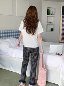 两件套青少年女孩灰色格子短裤和卡通狗印花短袖休闲舒适睡衣，夏季 - 灰色 - 查看 2