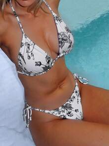 SHEIN Swim 印花休闲比基尼分体泳衣，简约时尚，适合夏季日常穿着 - 黑與白 - 查看 1