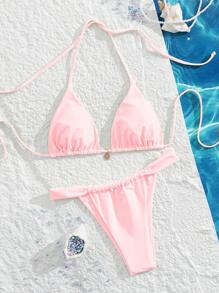 Swim Mod 2pcs/Set Summer New High Waist Sexy Backless Halter Tie Up Women's Swimsuit Set - Pink - View 1