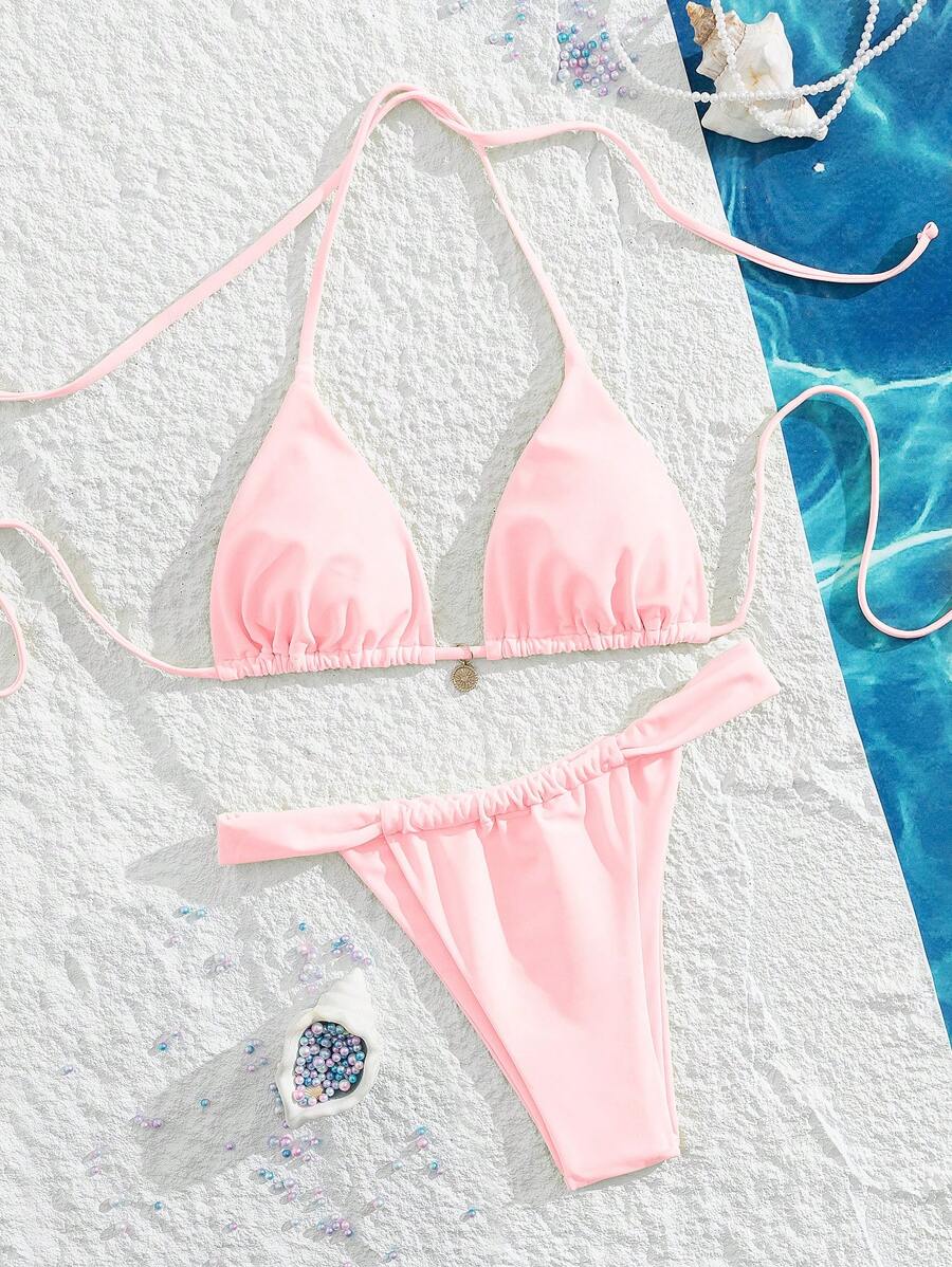 Swim Mod 2pcs/Set Summer New High Waist Sexy Backless Halter Tie Up Women's Swimsuit Set - Pink - View 1