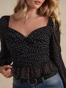 WESTFADE Polka Dot Woven Sweetheart Neck Balloon Long Sleeve Peplum Top Fall, Autumn, Winter, Casual, Cute, Western Wear, Boho, Holiday NYE, Christmas, New Years - Black - View 3
