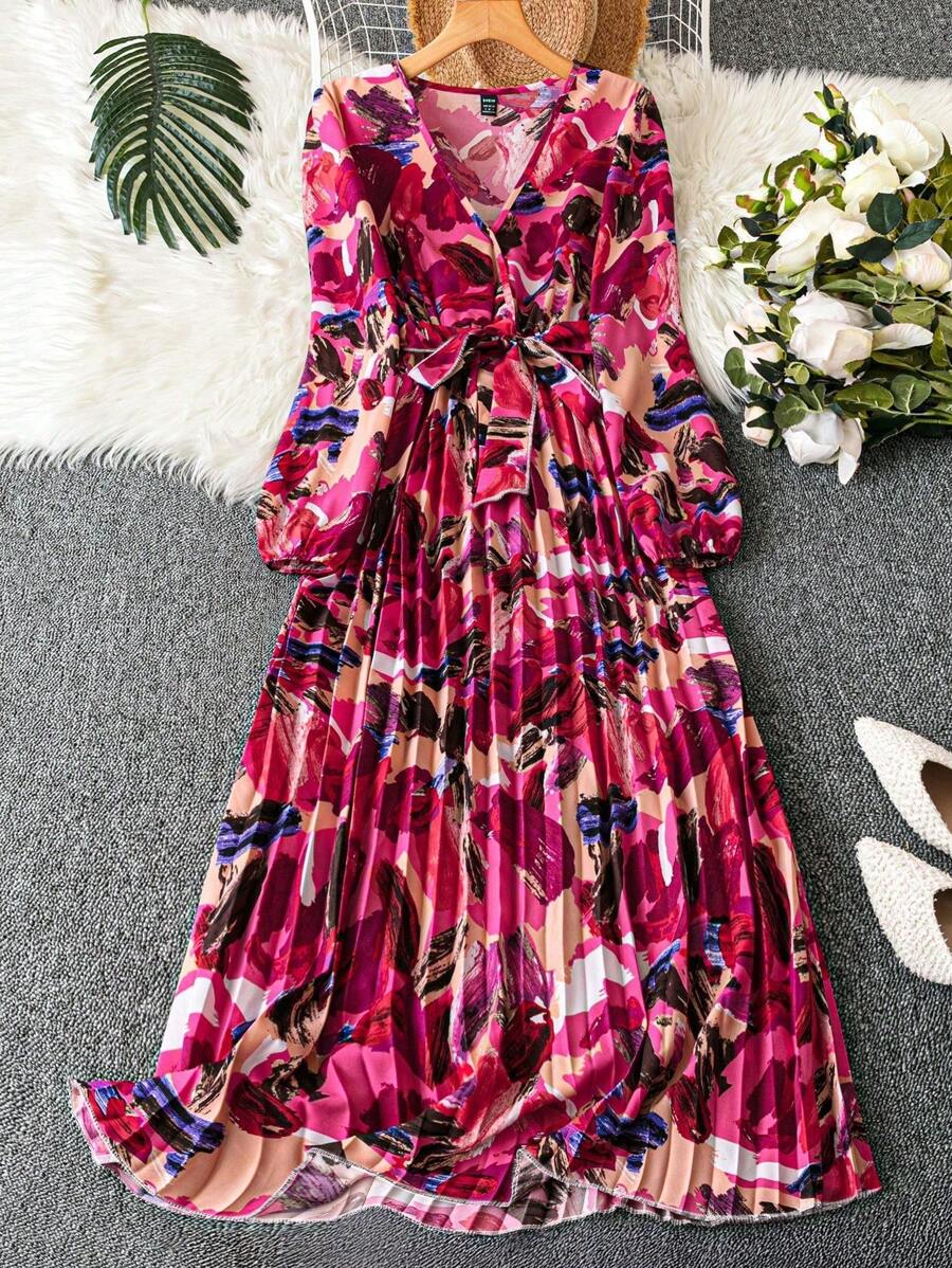 Trelyra 1pc Women's Elegant Floral Ruched V-Neck Wrap Dress With Belt And Long Sleeves Maxi Women Outfit