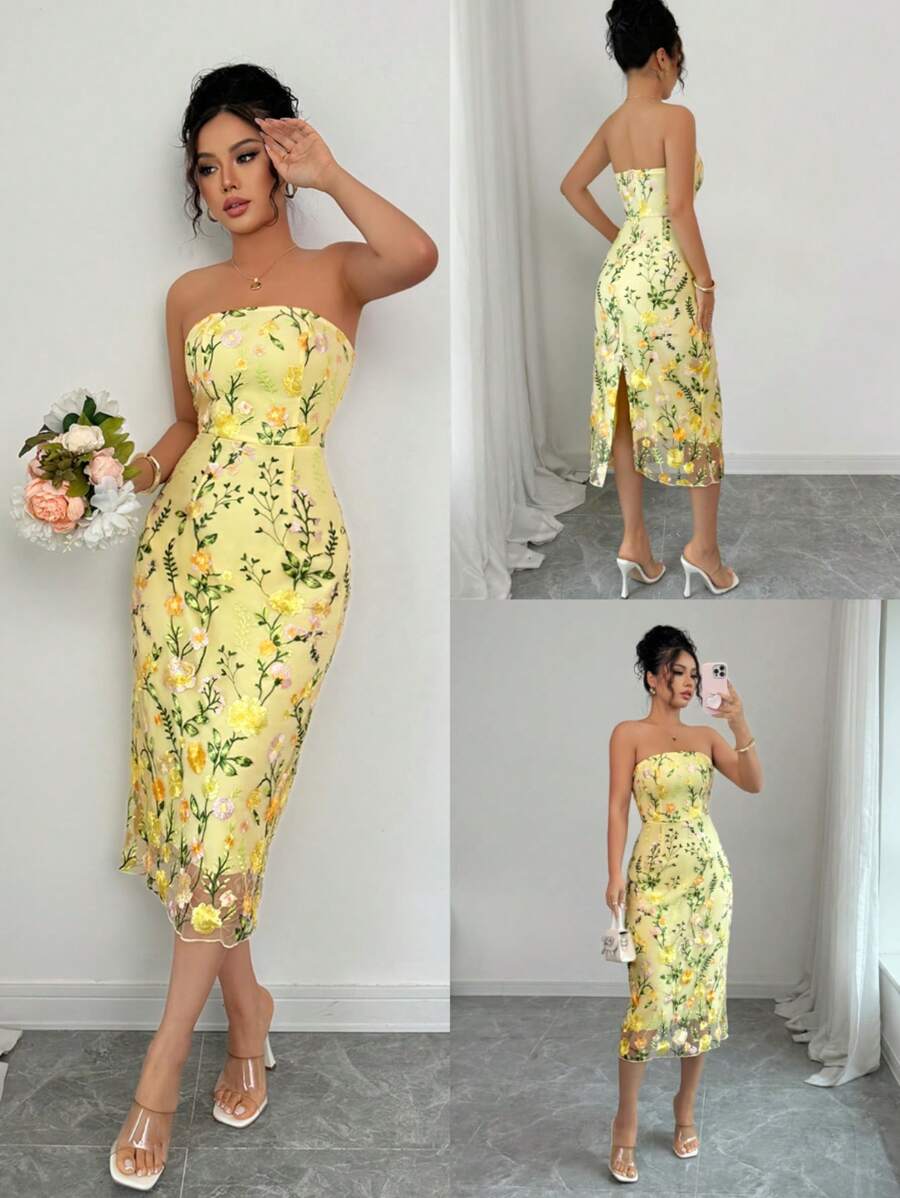 Rafferiza Váy midi bandeau thêu màu vàng thanh lịch cho nữ, mùa hè - Màu vàng - Xem 1