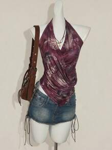 SHEIN ICON 女式复古印花不对称下摆垂领衬衫