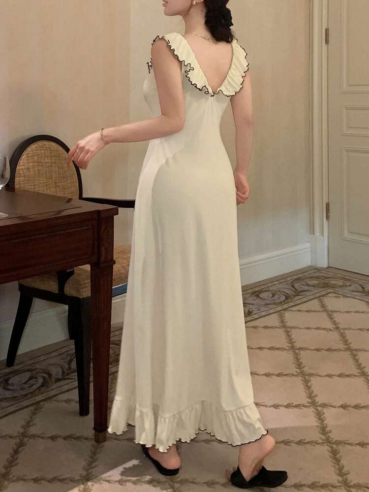 French Style Ruffled Collar Color Block Trim Waist-Cinched Long Women's Nightgown Pajama
