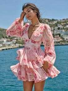 Enchnt Vestido de verano elegante y romántico con estampado floral rosa en todo el vestido, manga farol para mujer. Apropiado para vacaciones, dulce y elegante para vacaciones, citas, fiestas, graduación, invitada de boda y playa. Vestidos de verano para mujer, ropa de verano, vestidos elegantes para mujer, vestidos elegantes para fiestas, ropa bohemia