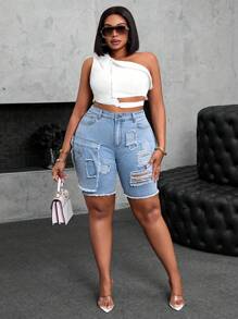 SHEIN SXY Plus Size Women Cowgirl Style Frayed Sexy Denim Shorts, Vacation Autumn Festival Biker Shorts Elegant - Blue - View 3