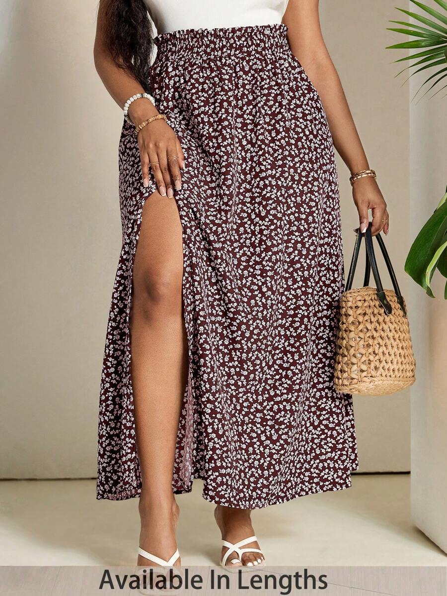 SHEIN PETITE CURVE 大码女式碎花松紧腰侧开衩休闲 A 字裙 - 酒紅色 - 查看 1