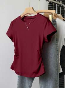 Women Pleated Crew Neck Short Sleeve Casual T-Shirt - Black - View 3