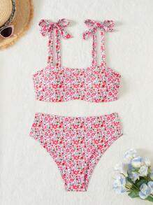 Swim Mod Plus Size Women's Summer Vacation Ditsy Floral Spaghetti Strap Bikini Set - Multicolor - View 1