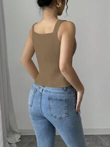 Selianne Atasan Wanita Polos Warna-warni Model V-Neck dengan Kancing Depan untuk Beraktivitas di Luar Rumah, Musim Panas - Khaki - View 2