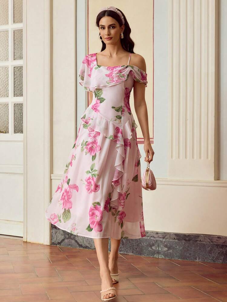 ZEYLAH Women's Floral Print Patchwork Ruffle Asymmetric Collar Mid-Length Dress