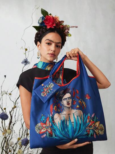 Frida Kahlo X SHEIN 1pc Flower & Butterfly Foldable RPET Reusable Shopping Bag For Gift