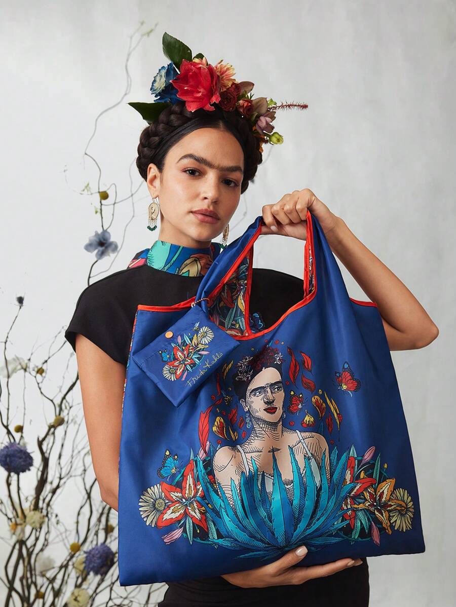 Frida Kahlo X SHEIN 1pc Flower & Butterfly Foldable RPET Reusable Shopping Bag For Gift - Navy Blue - View 1