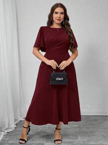 Modelyn Đầm xòe xếp ly tay ngắn cổ tròn màu trơn thanh lịch cỡ lớn cho nữ, mùa hè - Màu Đỏ Sâu - Xem 6