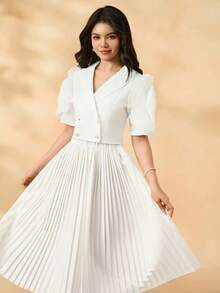 SHEIN 2 件套少女 3D 花卉装饰短袖夹克 + 褶皱针织裙套装，优雅而 - 白色 - 查看 6