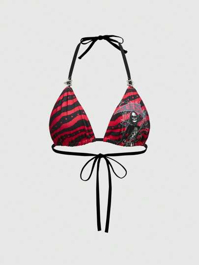 Gothic Style Zebra Print & Skeleton Design Lace-Up Halter Bralette