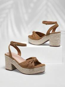 SHUZIA 结饰亚麻带草编厚底高跟鞋