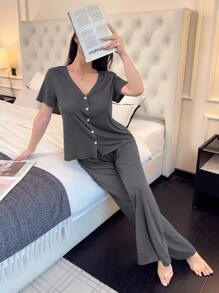 SHEIN 纯色短袖休闲针织舒适居家女式睡衣套装 - 深灰色 - 查看 4