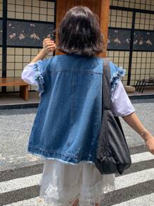 FRIFUL 女式夏季单排扣流苏口袋设计休闲牛仔衬衫 - 藍色 - 查看 6