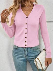 SHEIN Frenchy 女士纯色长袖单排扣开衫，酒红色 - 淺粉色 - 查看 3